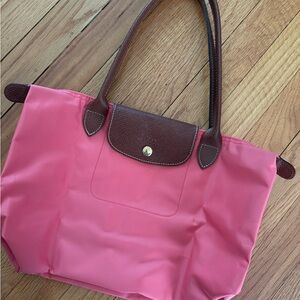 Coral Longchamp Tote Bag with Brown and Gold Accents